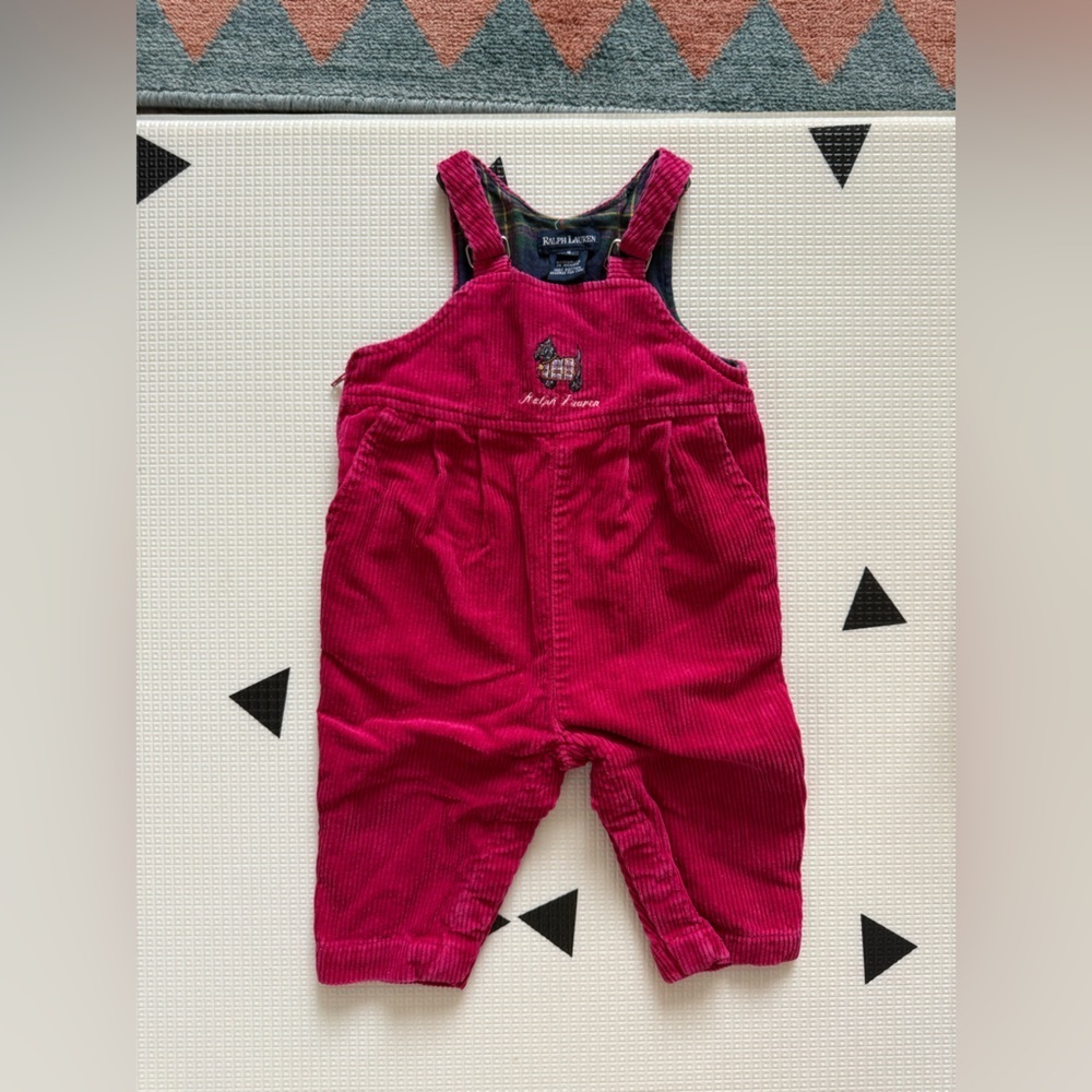 Vintage Ralph Lauren|Baby girl corduroy overalls in vibrant pink w preppy dog••• - Picture 3 of 11